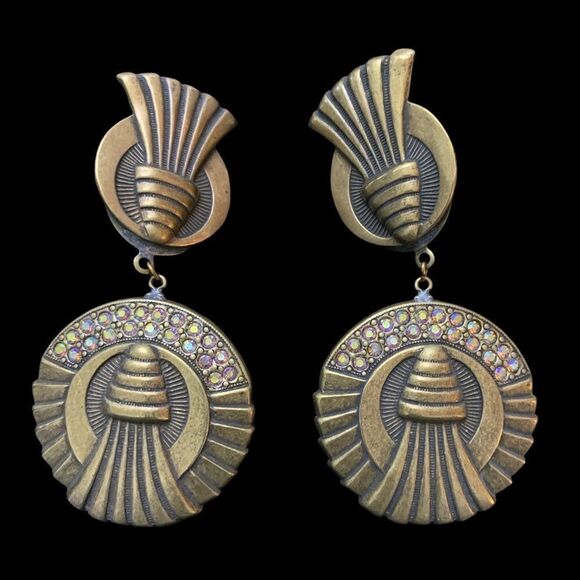 Banana Bob ox gold ab crystal Art Deco elegant dangle clip earrings 4” L NOS - Picture 5 of 6